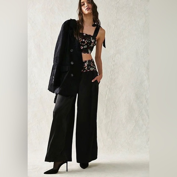 Free People Ensemble Petra Black Satin Pant Crop Top Set Embroidered Siz…0 B21